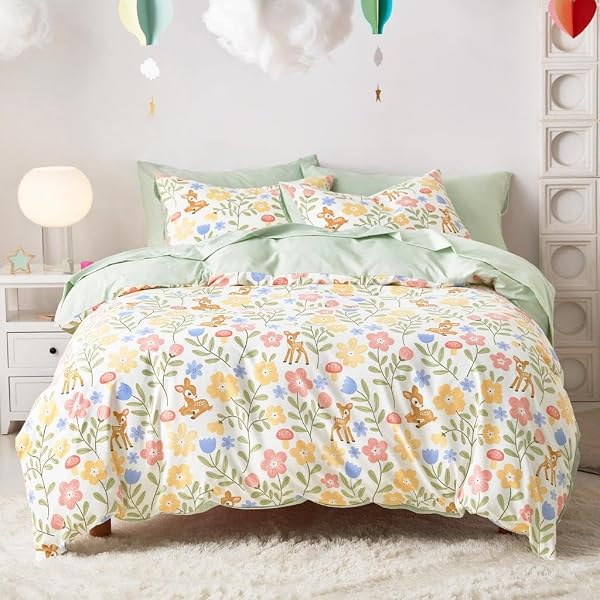 Wake In Cloud Floral Deer Girls Bedding Set (5-Piece)