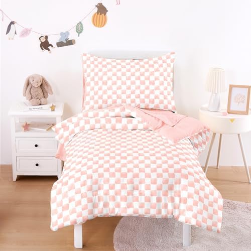 Wake In Cloud Pink Gingham Toddler Bedding Set (4-Piece)