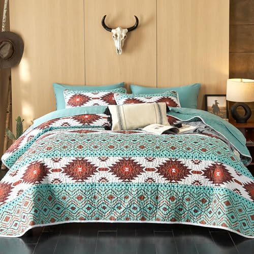 Wake In Cloud Turquoise Aztec Ranch Quilt Set